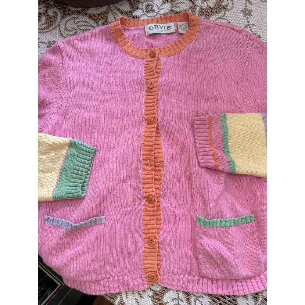 Orvis Womens Pink Cotton Cardigan Sweater Colorblock Striped Cuffs Size L